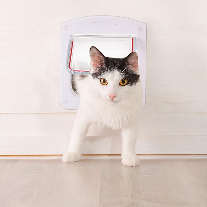 Saintrygo Cat Door 4 Way Rotary Locking Flap Door for Interior Exterior Weatherproof Pet Doors for Cats & Dogs Circumference < 23", Outer Size 9.61" x 7.99"