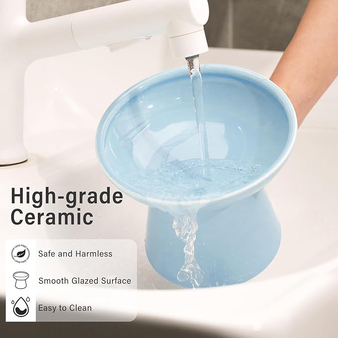 Extra Wide Elevated Ceramic Cat Water Bowl - 6.2" Deeper Dish for Whisker Fatigue Relief, 5" Height for Easy Feeding, Lead & Cadmium Free, Durable Raised Cat Bowls, Blue
