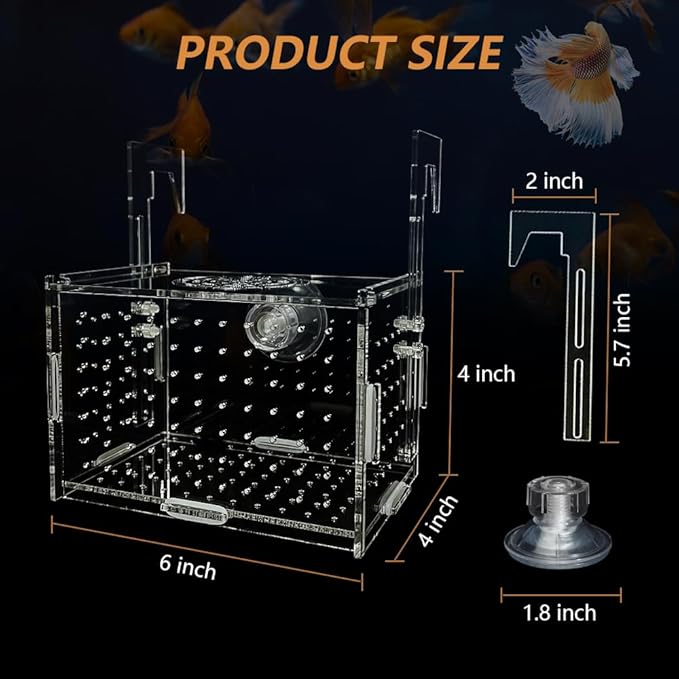 GKPONSX Acrylic Fish Breeding Box, Transparent Fish Isolation Box Hatchery Incubator with Suction Cups for Aquarium Fish Tank Guppy Shrimp Clownfish African Cichlids (6 * 4 * 4inch)