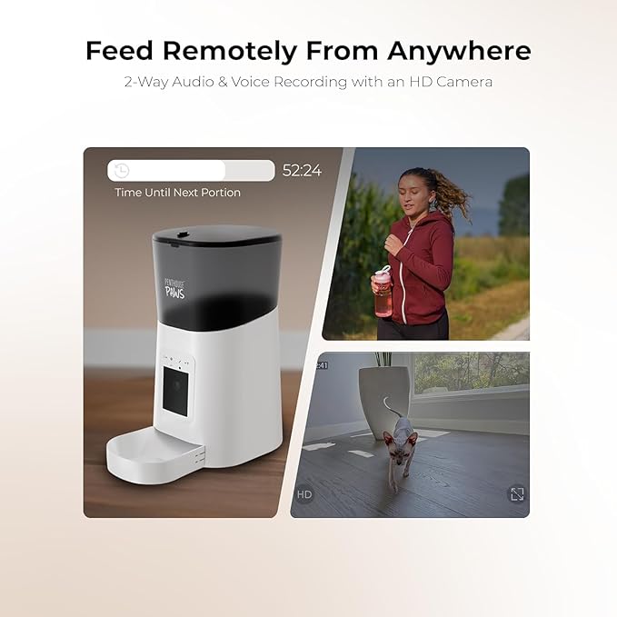 Penthouse Paws Smart HD Automatic Pet Feeder, 6L Dry Food Capacity, 1080p Camera, 2-Way Audio, Scheduled Meals, Backup Power, Easy to Clean, Anti-Jam Design for Cat & Dog, White