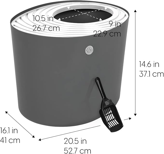 IRIS USA Large Top Entry Cat Litter Box with Lid Enclosed Covered Design Litter Catching Scatter Shield Pan Dog Proof Pet Proof Scoop Included Odor Control for Indoor Cats Kittens, Dark Gray/White