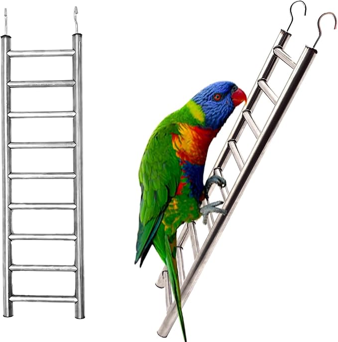 2Pack Stainless Steel Bird Ladders 9-Step Parrot Ladder Hanging Bird Cage Climbing Toys with Hooks Birds Exercise Toy for Parakeets, Parrots, Cockatoo，Rust-Resistant and Easy to Clean
