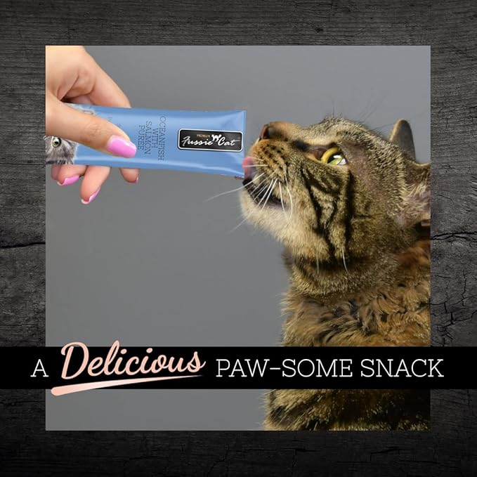 Fussie Cat Ocean Fish and Salmon Puree, lickable cat Treats, 0.5oz, 4 count Pouch Pack of 1