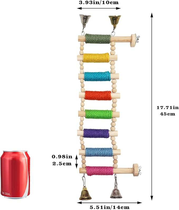 Bird Cage Accessories, Wooden Bridge with Colorful Rope on Steps, Bird Climbing Ladder Perch for Budgies, Cockatiels, Lovebirds, Quakers, Green Cheeks, Other Small to Medium Birds
