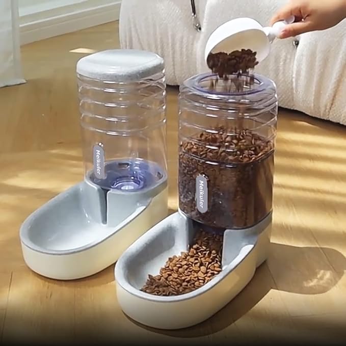 Meikuler Automatic Dog Cat Feeder and Water Dispenser Set,Waterer and Gravity Food Feeder for Small & Medium Dogs Cats Puppies,Large Capacity 1 Gallon x 2 (Grey)