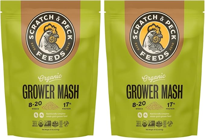Scratch and Peck Whole Grain Grower Mash Chicken and Duck Feed - 10 lbs Bag - Corn-Free and Soy-Free - 17% Protein, Certified Organic and Non-GMO Project Verified Chicken Food (Pack of 2)
