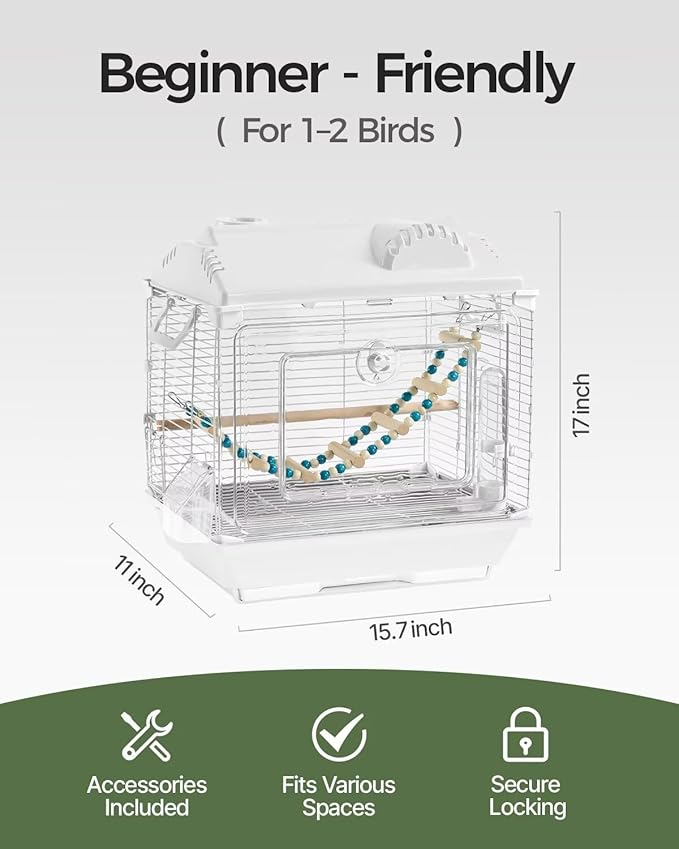 Clear View Bird Cage, Indoor & Travel Small Birdcage for Parakeet, Parrot, Budgies, Cockatiels, Canary |Easy Clean Safe Materials (White, Small)