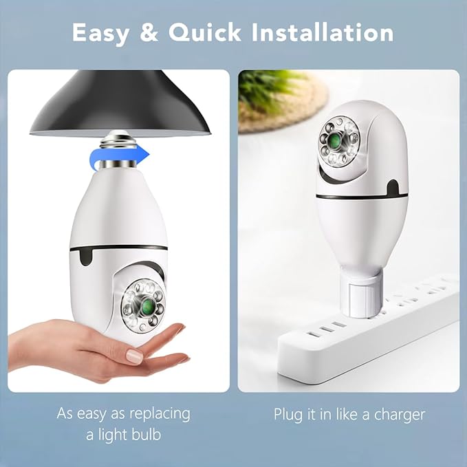 Light Bulb Security Camera,2K Wireless Light Bulb Camera for Pet Camera, 360 ° PTZ Light Socket Camera with Motion Detection Auto Tracking