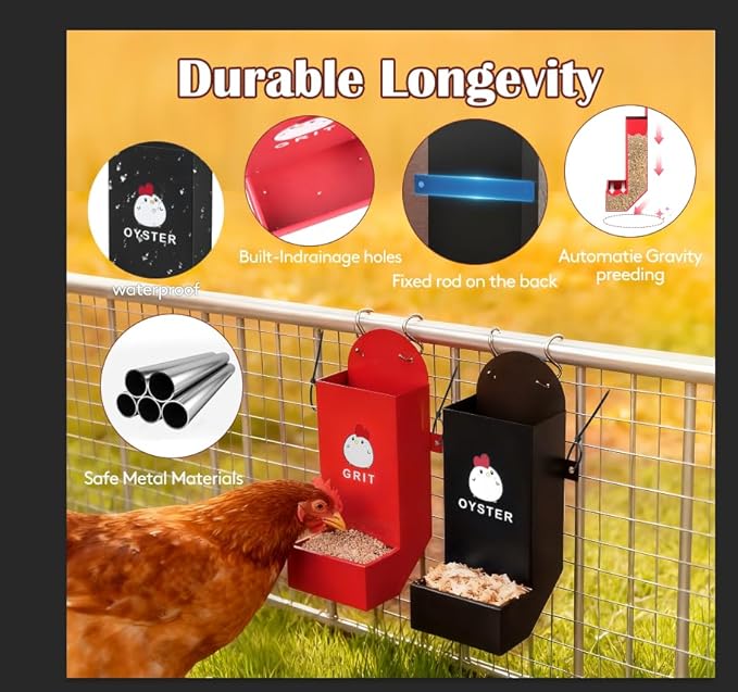 Chicken Grit and Oyster Shell Feeder Combo, Heavy Duty Metal Automatic Chicken Feeders，Stable Chicken Feeder - Anti-Tip Rod Included, Chicken Coop Accessories Built for Busy Keepers