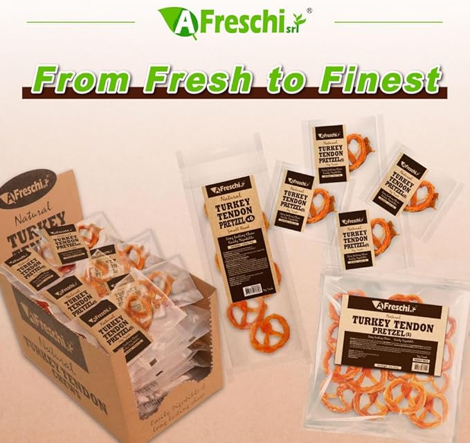 A Freschi srl Turkey Tendons for Dogs, USA-Sourced, Healthy Dog Treats, Rawhide-Free Puppy Chews, Long Lasting, All Natural, Hypoallergenic Dog Treats for Small Breeds, 4 Count Pack Pretzel (S)