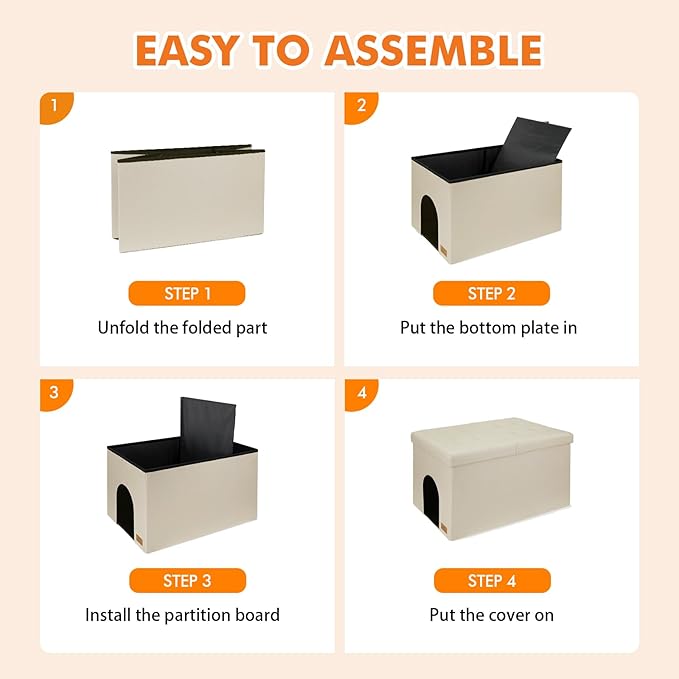 3-in-1 Cat Litter Box Enclosure for Odor Control, Hidden Litter Box Furniture Cabinet Ottoman with Flip-Up Lid, Multi-Functional Bench with Storage Footrest, Dog Proof (Cream, X-Large)