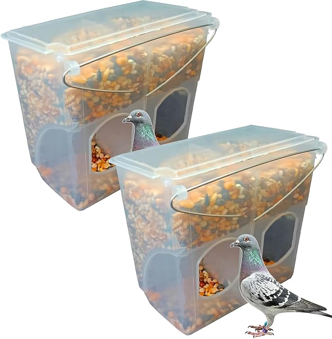 Automatic Pigeon Bird Feeder Water, 2 Pack Plastic Feeder Water Dispenser Drinkers for Cage, No Mess Hanging Parrot Food Feeding, Cage Accessories for Parakeet Quail Bird Chicken (2 Hole - Iron Wire)