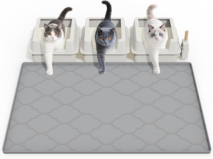 Cat Mat for Litter Box, 38" X 26" Large Silicone Cat Litter Trapping Mat, Easy Clean for Scatter Control, Soft on Kitty Paws, Waterproof, Urine-Proof, Non-Slip Kitty Litter Mat for Floor, Gray