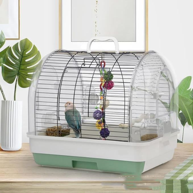 Portable Bird Cage Carrier for Small to Medium Birds – Sturdy Metal & Plastic Construction, Easy-Carry Handle, Removable Tray, 2 Food Bowls, 2 Wooden Perches – Ideal for Parakeets,