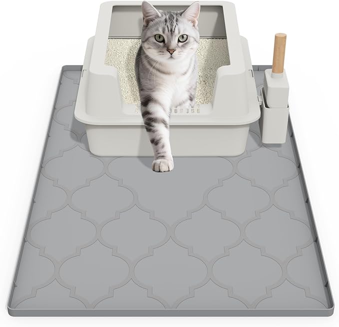 Cat Mat for Litter Box, 34" X 22" Large Silicone Cat Litter Trapping Mat, Easy Clean for Scatter Control, Soft on Kitty Paws, Waterproof, Urine-Proof, Non-Slip Kitty Litter Mat for Floor, Gray