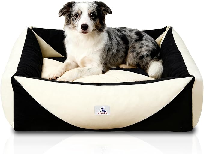 Washable Rectangle Dog Bed with Removable Cover, Color-Block Gingham Cotton Pet Sofa, Breathable Scratch Resistant Dog Bed, Medium