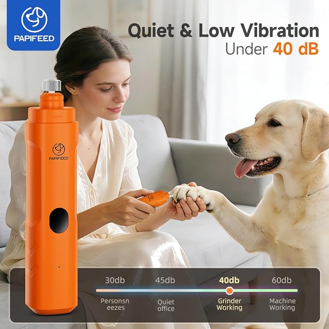 PAPIFEED Dog Nail Grinder with LED Light, Ultra Quiet 3-Speed Electric Nail File for Small Medium Large Dogs & Cats, Rechargeable Pet Nail Grinder with Trimmer (Orange)