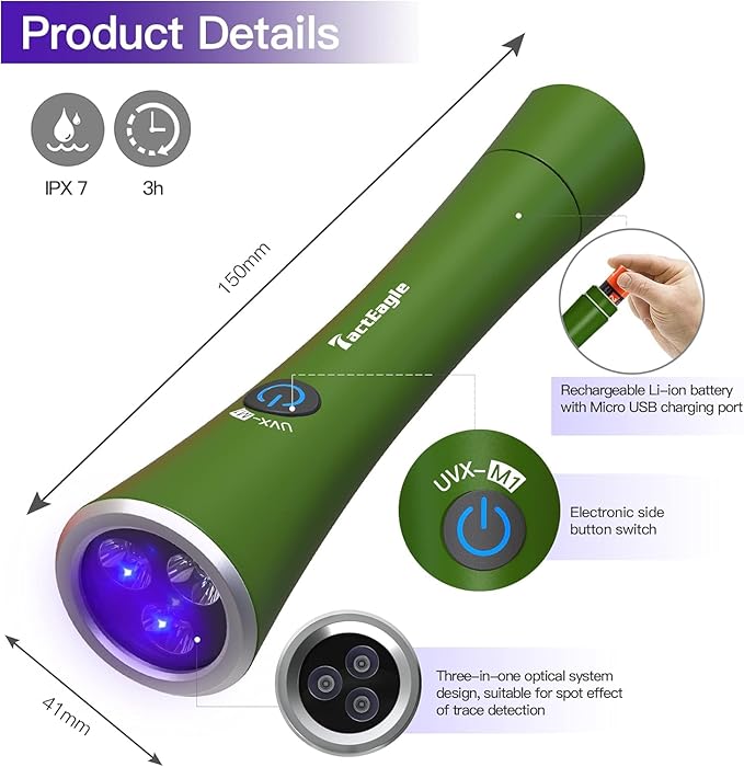 UV Flashlight Black Light, 365nm Blacklight Pet Urine Detector, Rechargeable Blacklight Flashlight for Dog/Cat Urine Stains, Bed Bug, Resin Curing, Scorpions Finder, Green