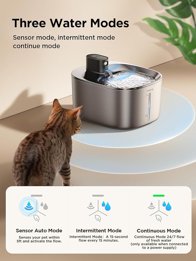 FEELNEEDY Wireless Cat Water Fountain Stainless Steel with Sensor, 4000mAh Battery Operated, 4L/135fl oz Pet Water Fountain for Cats Dogs, Ultra Quiet Cat Drinking Fountain with 2 Filters (YPD-C004S)
