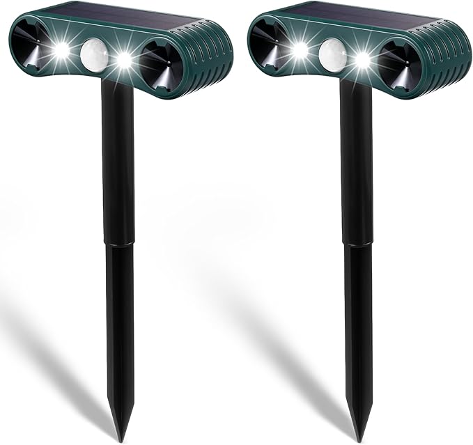 Qualirey 2 Pcs Solar Nocturnal Ultrasonic Light Animal Repeller Outdoor Deterrent with Pir Sensor Waterproof Deterrent Deer Repellent Devices to Repel Cat, Dog, Rabbit, Raccoon, Fox for Yard Garden