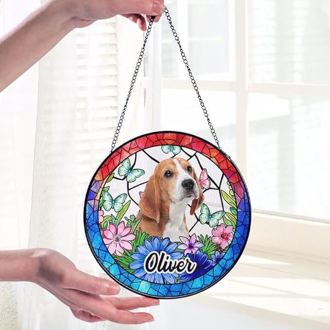 Lovely POD Custom Dog Portrait Stained Glass Suncatcher, Pet Memorial Stained Glass Photo Suncatcher, Dog Memorial Gift, Cat Loss, Pet Loss Gift, Christmas Ornament for Family