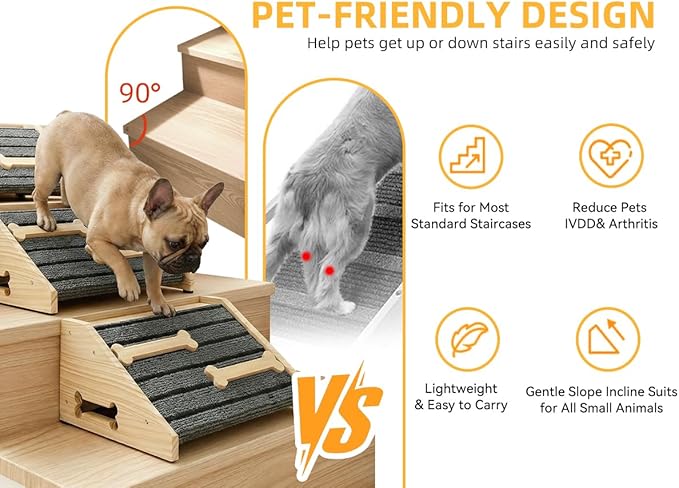 2-Pack Wooden Dog Ramp for Stairs - Natural Pine Wood Pet Step Ramp with Anti-Slip Bone Strips & Felt Padding, Stair Wedge for Small Medium Dogs, Indoor Home Safety Access for Injured Dogs