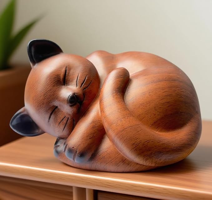 Pet Cat Urns for Ashes, Sleeping Resin Cremation Animal Urn and Sealed Bag, Decorative Memorial, Fur Keepsake, Ashes Necklace, Keychain, Inkless Paw Print Kit, Picture Frames, Sympathy Cards(Cherry)