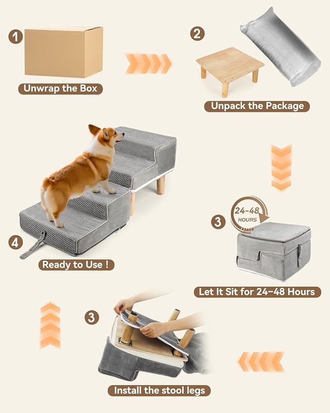 Dog Ramp Ottoman, 2-in-1 Dog Stairs for Couch and Low Bed, Foldable Solid Wood Pet Steps for Small, Medium, Senior Dogs & Old Cats - Couch Height, Washable Cover, Storage Pocket, 135lb Capacity