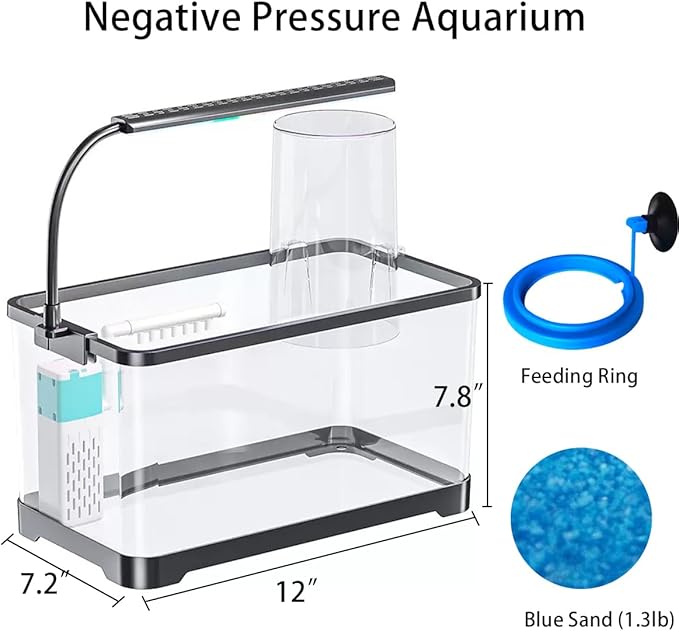 Negative Pressure Aquarium Fish Tank Kit, 3 Gallon Betta Fish Tank Starter Kit with Light and Filter, Blue Sand, Perfect for Small Fish, Shrimp, or Beta