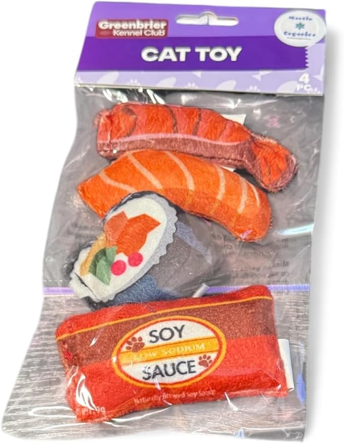 4 Cushion Cat Fun, Soft Plush Designs, Fish, Sauce and Food Themed, Set of 4