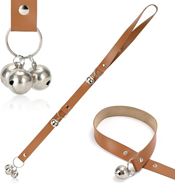 Brown Leather Hanging Door Bells for Dogs to Ring to Go Potty Training Doorbells Tools to Go Outside Dog Accessories Upgraded Puppy Essentials for Home (Silver Jingle Bells)