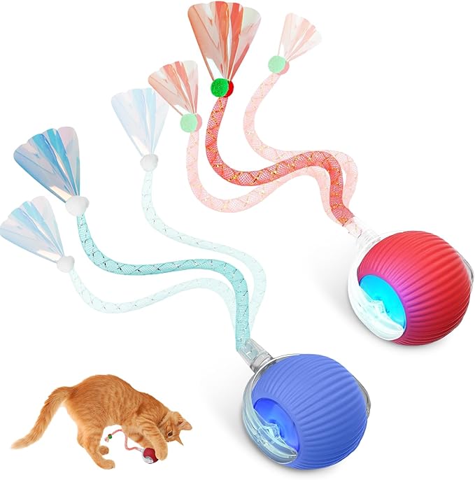 Interactive Cat Toys for Indoor Cats, Automatic Kitten Toys for Bored Indoor Adult Cats, Smart Kitten Rolling Ball Moving Balls Toy, Rechargeable Dog Cat Ball for Enrichment Exercise (Red+Blue)
