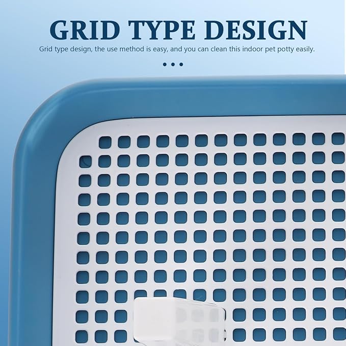Dog Potty Tray with Wall Post: Indoor Puppy Training Toilet Blue Plastic Mesh Grate, Pee Pad Holder for Male Dogs, Keeps Paws Dry, Portable Pet Litter Box for Apartment