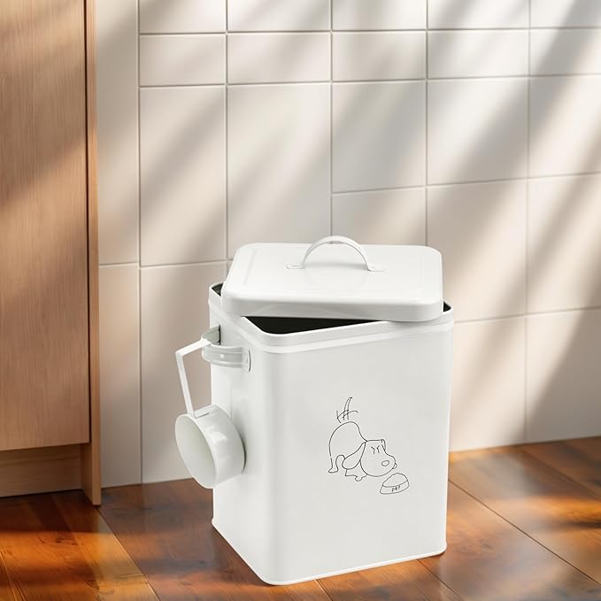 SOUJOY Pet Treat and Food Storage Bin with Lid and Scoop, 5LBS White Vintage Farmhouse Storage Tin, Coated Carbon Steel Canister, Gift for Dogs Owners