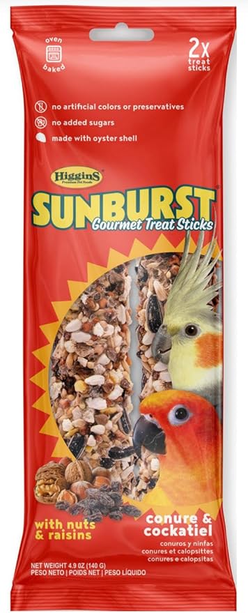 Higgins Sunburst Gourmet Conure, Cockatiel Treat Sticks Bundle | Sunburst Gourmet Conure, Cockatiel Nuts & Raisins Sticks 2pk & Mango & Rose HIPS Sticks 2pk.