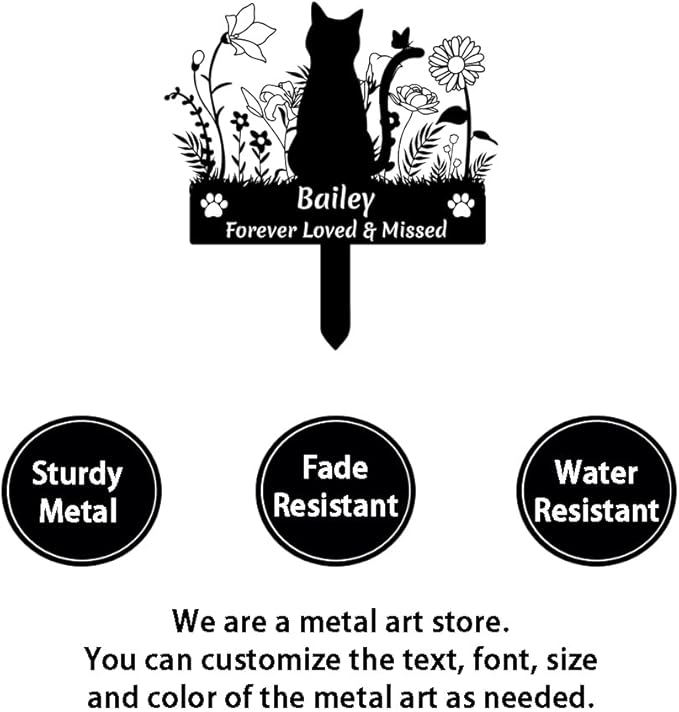 Custom Cat Name Memorial Grave Stake Marker, Personalized Floral Cat Memorial Grave Marker, Customized Flowers Butterfly Cat Memorial Stake Outdoor Metal Grave Plaque Cat Memorial Statue