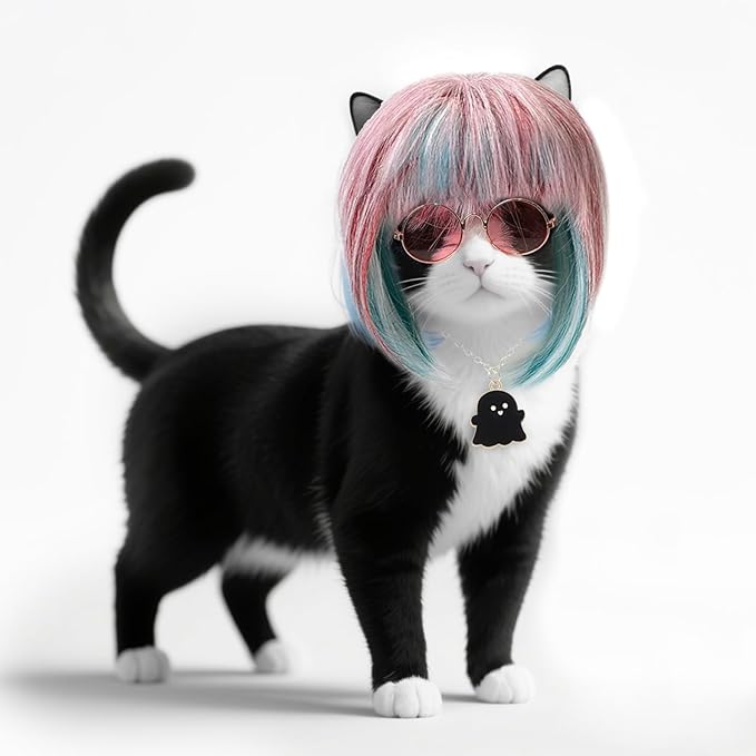 Idepet Cat Wig, Pet Wig for Dogs & Cats Adjustable Fit, Mixed Blue & Pink Wigs for Cat Halloween Cosplay Party