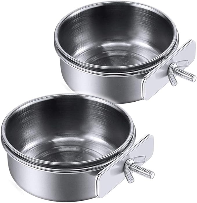 PINVNBY 2PCS Parrot Feeding Cups Birds Food Dish Stainless Steel Parrot Feeders Water Cage Bowls with Clamp Holder for Cockatiel Conure Parakeet Macaw Small Animal (Size: L)