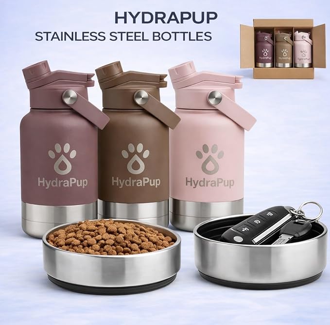 32oz Insulated Water Bottle with Dog Bowls – Human & Pet Shared Use, Stainless Steel Leakproof Travel Bottle (Cocoa Brown)