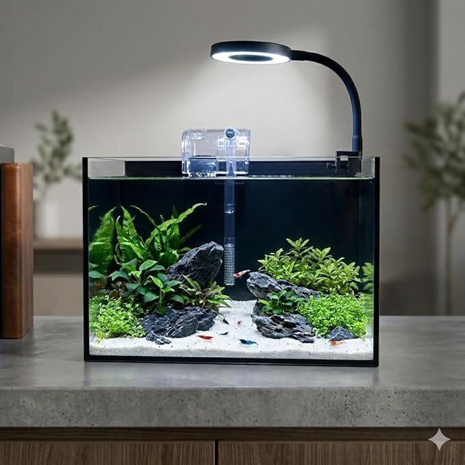 Nano Aquarium Kit 2.2 Gallon, Rimless Glass Betta Fish Tank with Filter & LED Light, 12" x 6" x 8" Small Desktop Fish Tank for Home Office