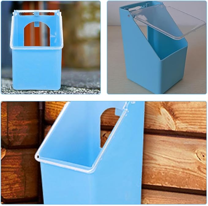 HEMOTON 2pcs Hanging Pigeon Cage Feeders with Lid, Blue Single Hole Water and Food Bowls for Parakeet Cage Accessories, Bird Feeding and Watering Supplies for Outdoor and Indoor Use