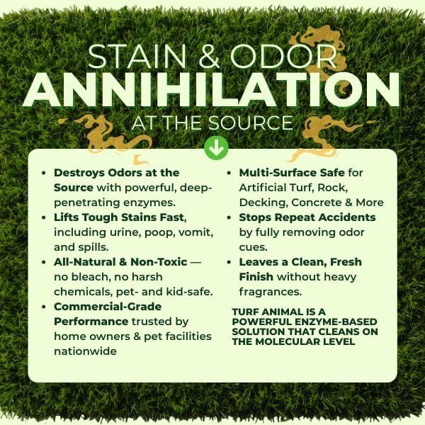 Turf Animal Pet Stain & Odor Remover for Strong Odors & Stubborn Stains – Natural Enzyme Odor Eliminator for Indoor Carpet & Outdoor Artificial Turf – Enzymatic Dog & Cat Urine Destroyer, 1 Gallon