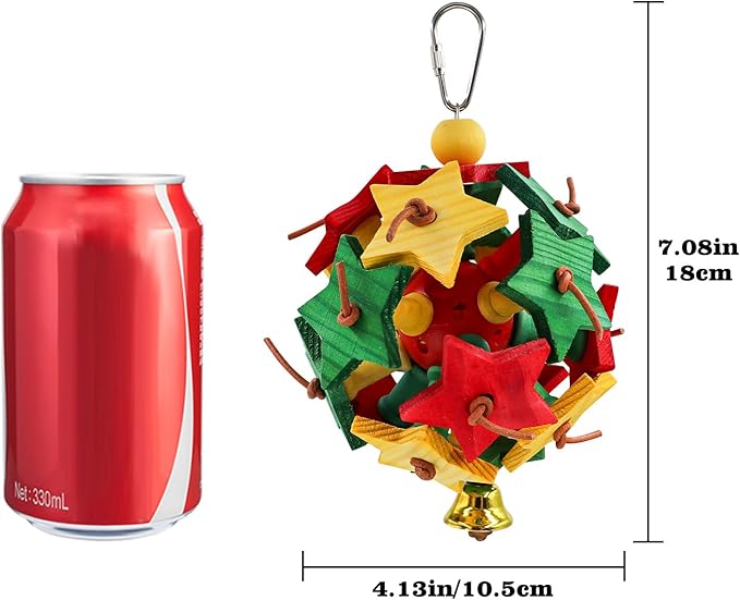 Interactive Bird Toy with Wooden Star Blocks & Leather Knots – Hanging Foraging Ball with Bell for Parrots, Cockatiels, Conures | Cage Climbing & Beak Exercise Toy