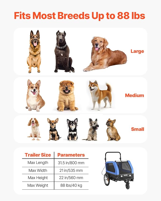 VEVOR Dog Bike Trailer, Supports up to 88 lbs, 2-in-1 Pet Stroller Cart Bicycle Carrier for Small & Large Dogs, Easy Folding Frame with Quick Release Wheel, Universal Bicycle Coupler, Internal Leash