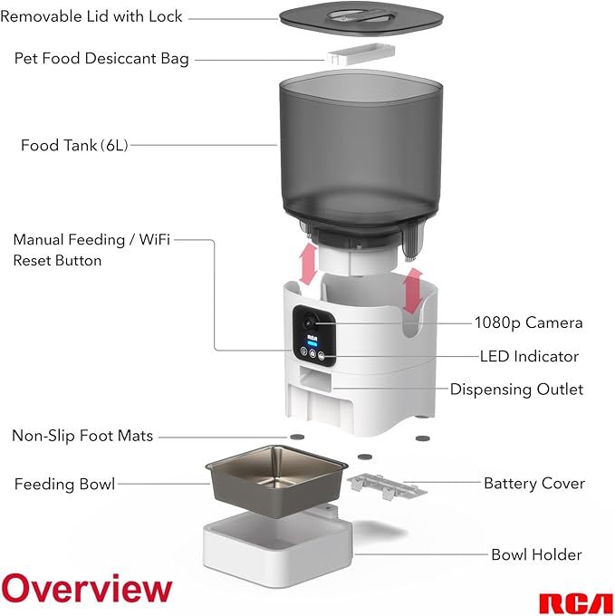 RCA Smart Automatic Pet Feeder with 1080p HD Camera, WiFi App Controlled Cat & Dog Food Dispenser with Two-Way Audio, Motion Detection, Night Vision, Portion Control, Alexa Compatible Feeder