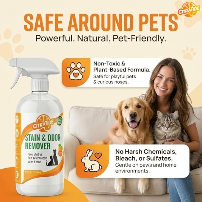 Pet Stain & Odor Remover Spray – Citrus Powered, Non-Toxic, Safe for Pets & Kids, Multi-Surface Cleaner for Carpet, Upholstery, Hardwood & More – USA Made Odor Eliminator