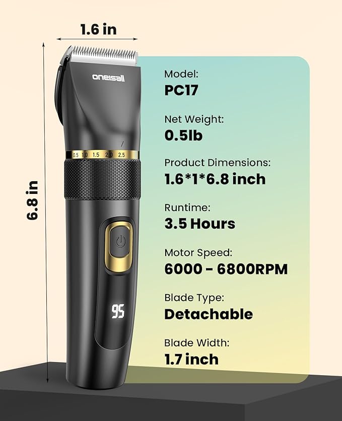 oneisall Dog Clippers Low Noise, Pro Dog Grooming Clippers Kit with Rechargeable Cordless Shaver Trimmer for Dogs Cats, IPX7 Waterproof Pet Clippers Grooming at Home