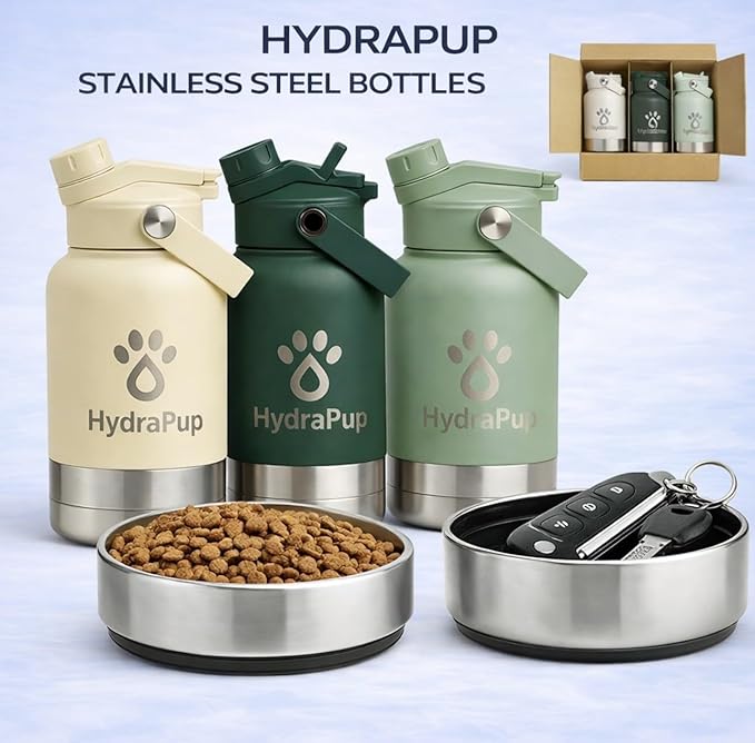 32oz Insulated Water Bottle with Dog Bowls – Human & Pet Shared Use, Stainless Steel Leakproof Travel Bottle (Sage Green)
