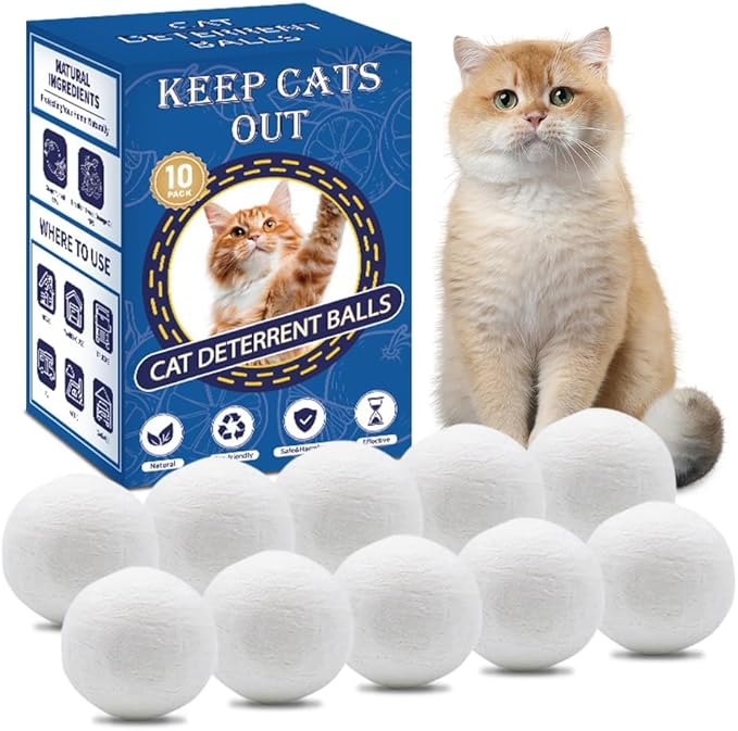 Cat Deterrent Outdoor & Indoor: 10Pack 100% Natural Cat Repellent Essential Oils Ball, Keep Cats Off Lawn, Yard, Plants, Garden, Mulch & Flower Permanently Against Scratch Chew, Keep Cats Away (10Pcs)