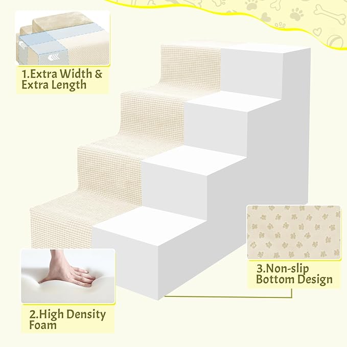 Niubya Dog Stairs for Small Dogs and Cats,18'H Non-Slip Bottom Pet Steps for High Beds and Couch,High-Density Foam Pet Stairs White,4 Steps
